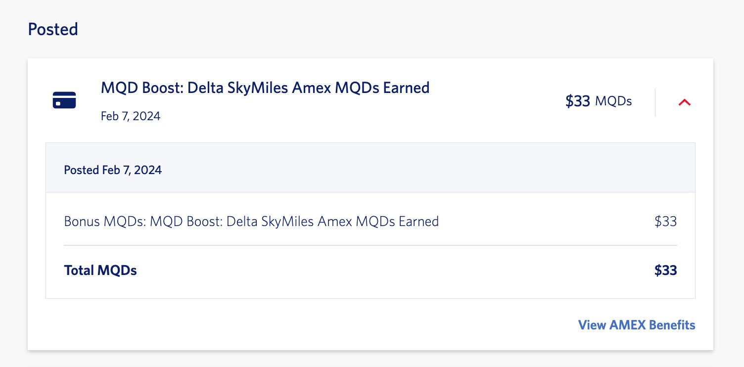 Bonus MQDs posted to Nick Ewen's Delta SkyMiles account after spending on his Delta Reserve Card
